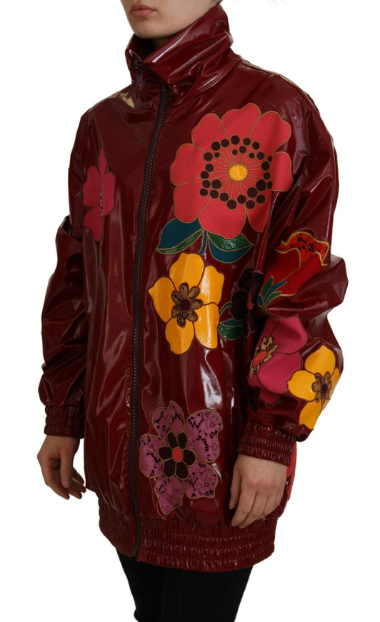 Dolce & Gabbana Maroon Floral Full Zip Polyester Women Jacket - Ellie Belle