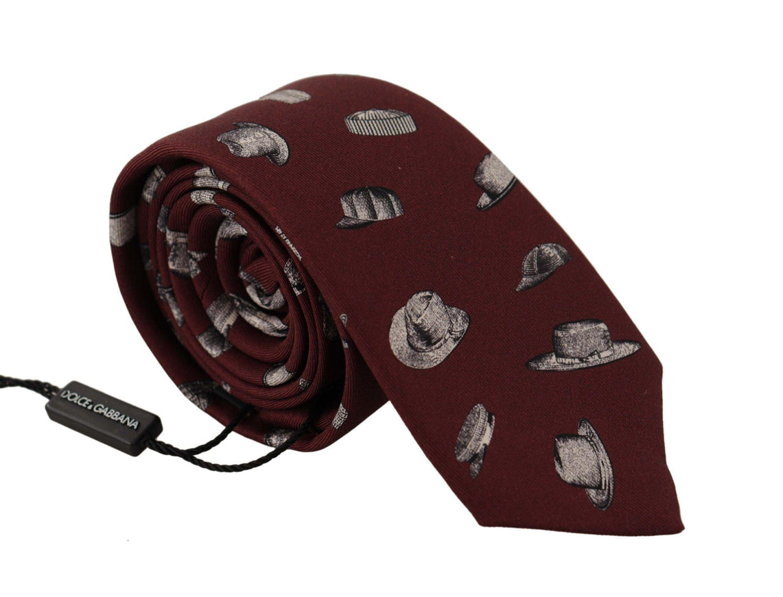 Dolce & Gabbana Maroon Hat Pattern 100% Silk Adjustable Accessory Tie - Ellie Belle