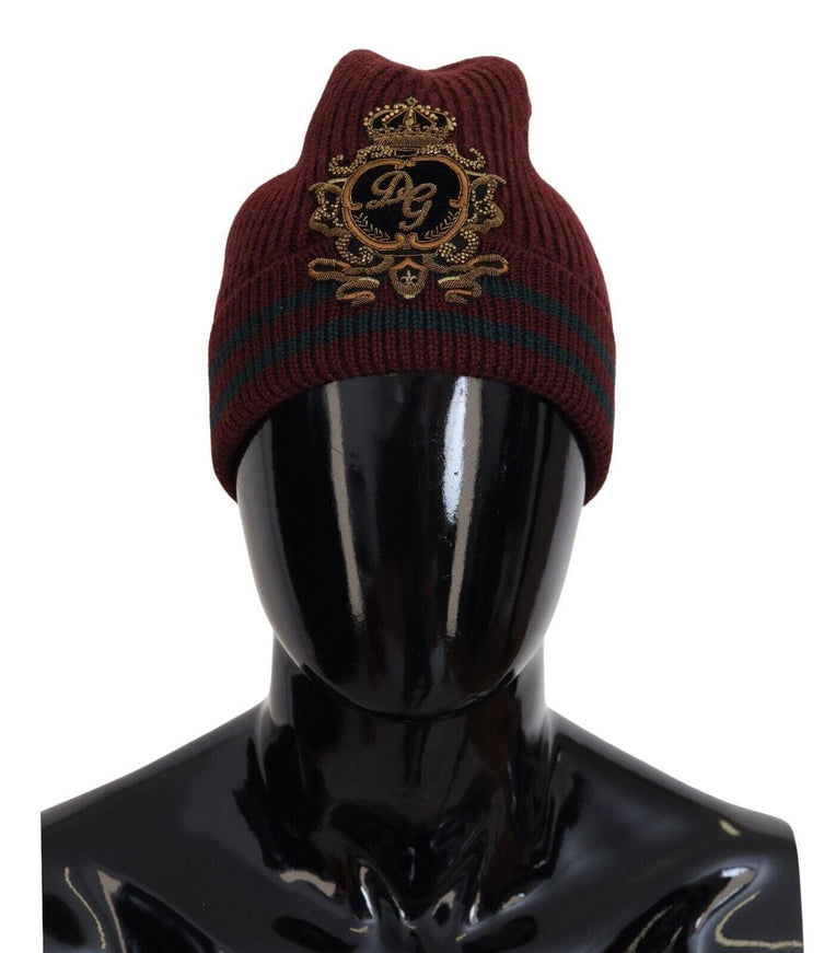 Dolce & Gabbana Maroon Logo Patch Beanie One Size Wool Knit Hat - Ellie Belle