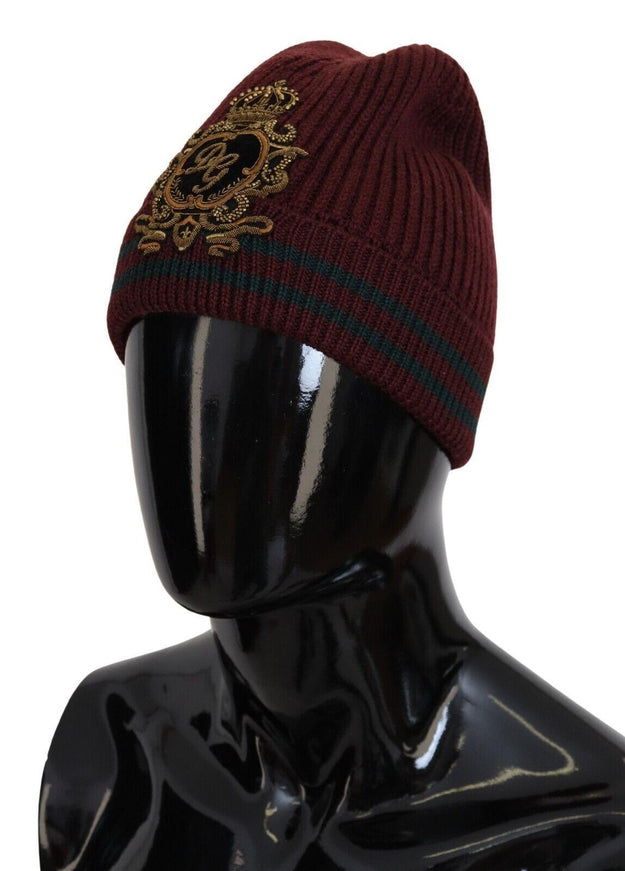 Dolce & Gabbana Maroon Logo Patch Beanie One Size Wool Knit Hat - Ellie Belle