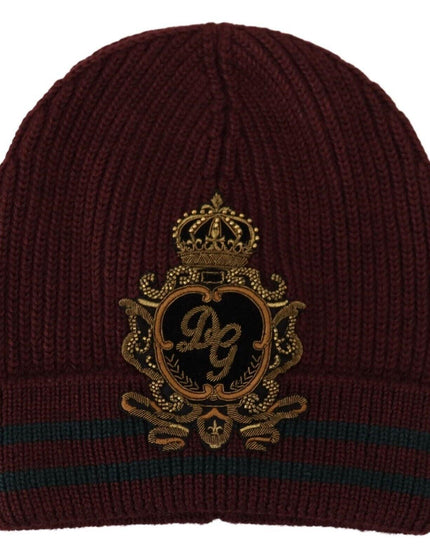Dolce & Gabbana Maroon Logo Patch Beanie One Size Wool Knit Hat - Ellie Belle