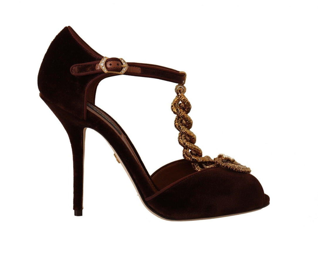 Dolce & Gabbana Maroon Velvet Devotion Heart Heels Sandals Shoes - Ellie Belle