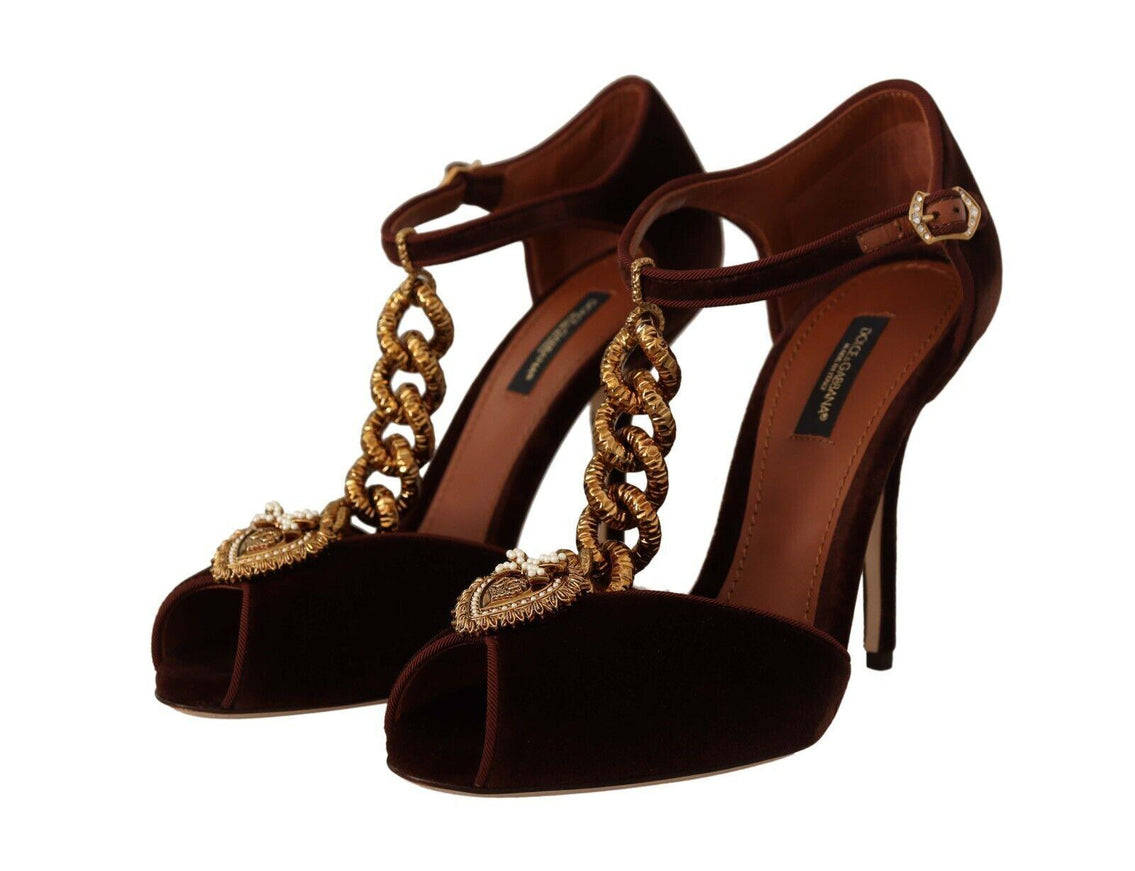 Dolce & Gabbana Maroon Velvet Devotion Heart Heels Sandals Shoes - Ellie Belle