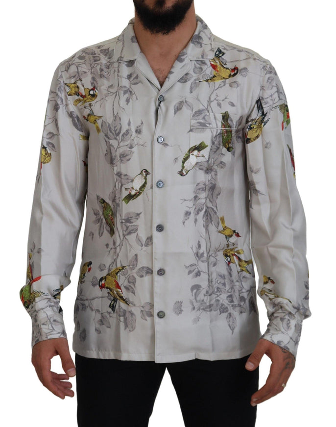 Dolce & Gabbana Men's White Bird Print Silk Satin Casual Shirt - Ellie Belle