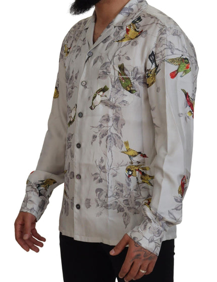 Dolce & Gabbana Men's White Bird Print Silk Satin Casual Shirt - Ellie Belle