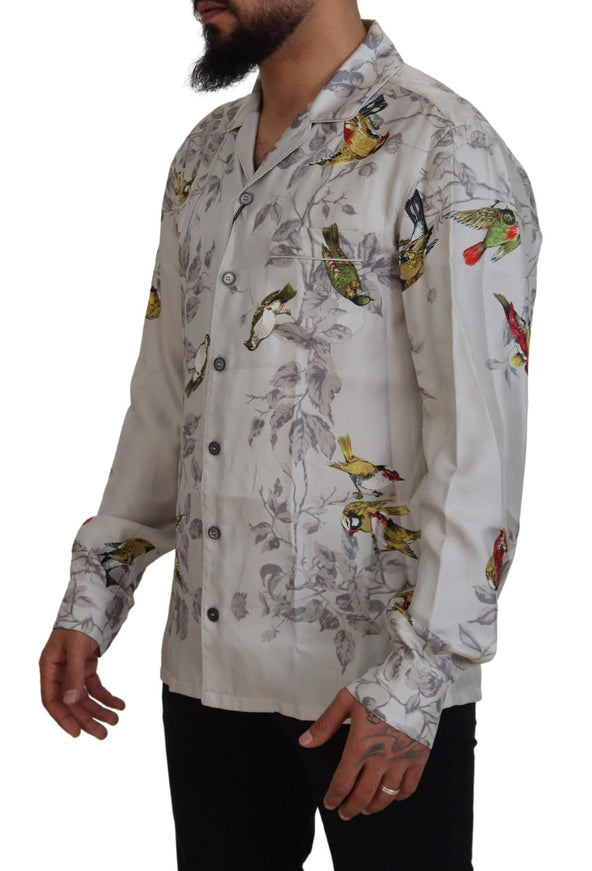 Dolce & Gabbana Men's White Bird Print Silk Satin Casual Shirt - Ellie Belle