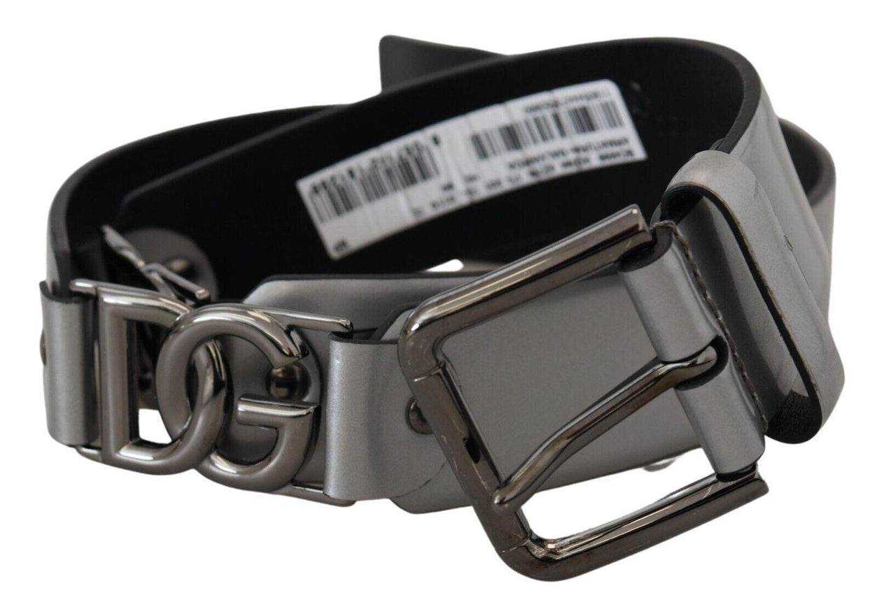 Dolce & Gabbana Metallic Silver Leather DG Logo Metal Buckle Belt - Ellie Belle