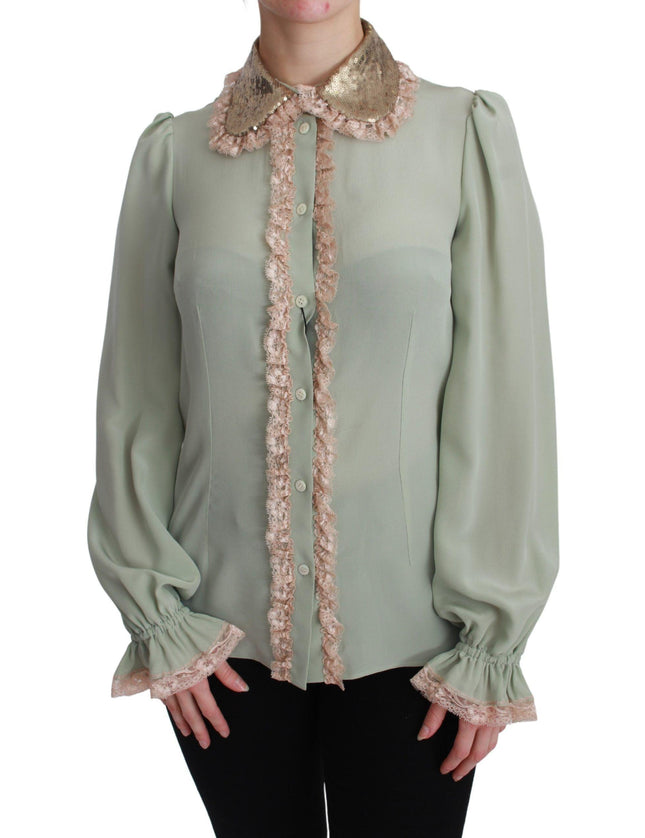 Dolce & Gabbana Mint Green Silk Sequin Lace Blouse Shirt