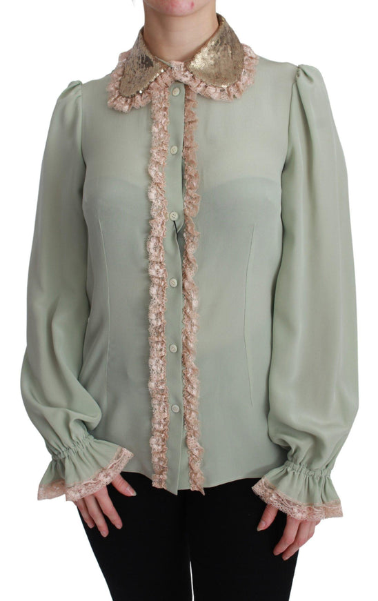 Dolce & Gabbana Mint Green Silk Sequin Lace Blouse Shirt