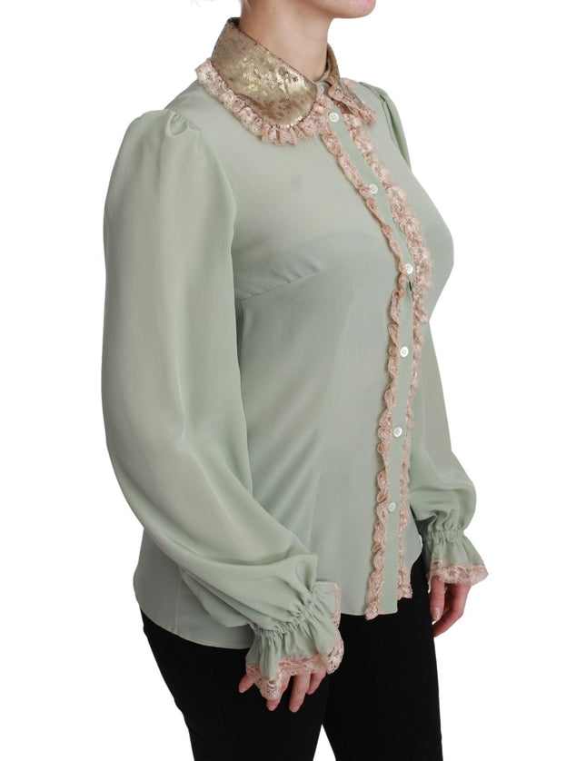 Dolce & Gabbana Mint Green Silk Sequin Lace Blouse Shirt