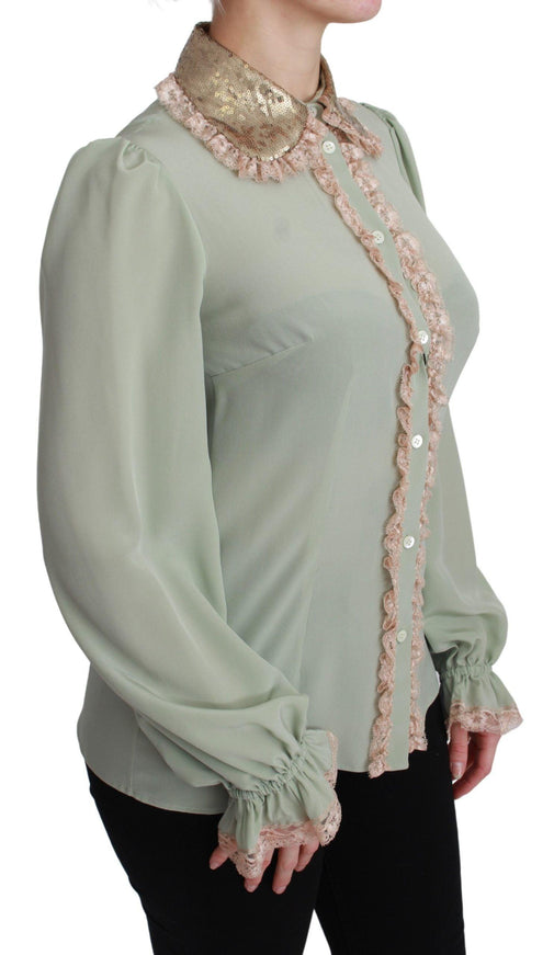 Dolce & Gabbana Mint Green Silk Sequin Lace Blouse Shirt