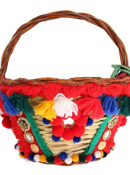 Dolce & Gabbana Multicolor AGNESE Straw Crystal Pom Pom Bag