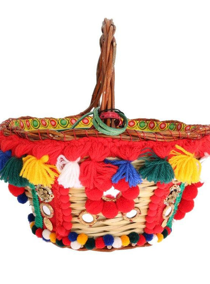Dolce & Gabbana Multicolor AGNESE Straw Crystal Pom Pom Bag