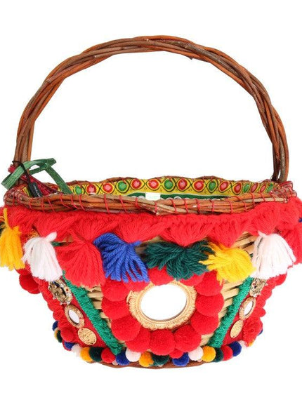 Dolce & Gabbana Multicolor AGNESE Straw Crystal Pom Pom Bag