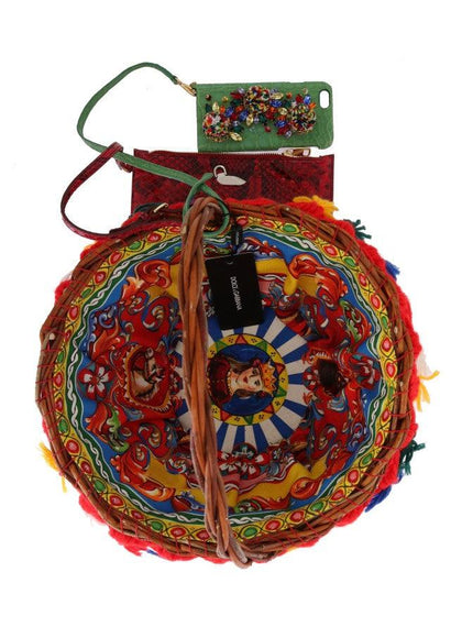 Dolce & Gabbana Multicolor AGNESE Straw Crystal Pom Pom Bag