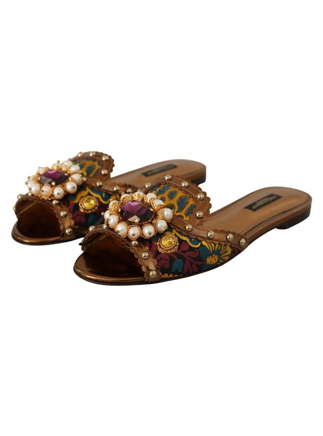 Dolce & Gabbana Multicolor Floral Embellished Slides Flats Shoes - Ellie Belle