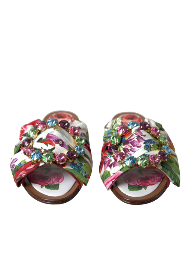 Dolce & Gabbana Multicolor Floral Flats Crystal Sandals Shoes - Ellie Belle