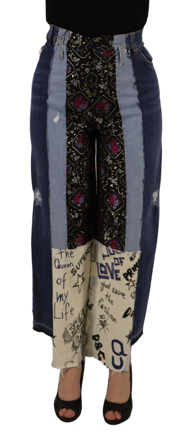 Dolce & Gabbana Multicolor Patchwork DG Fashion Wide Leg Denim Pant