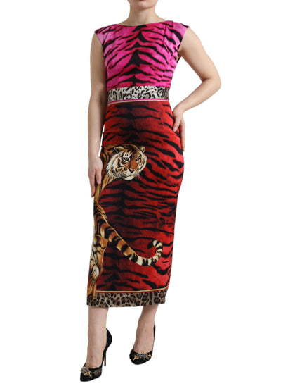 Dolce & Gabbana Multicolor Tiger Leopard Sheath Midi Dress - Ellie Belle