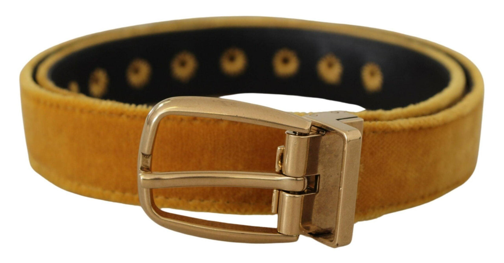 Dolce & Gabbana Mustard Velvet Gold Logo Engraved Metal Buckle Belt - Ellie Belle