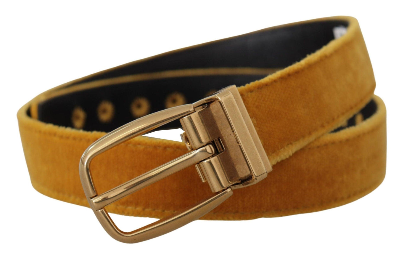 Dolce & Gabbana Mustard Velvet Gold Logo Engraved Metal Buckle Belt - Ellie Belle