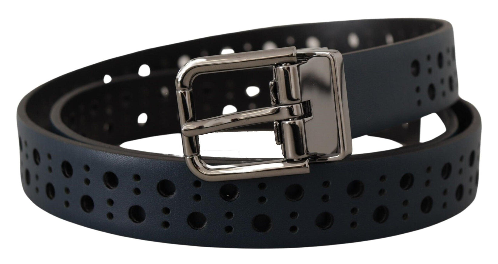 Dolce & Gabbana Navy Blue Perforated Leather Skinny Metal Buckle Belt - Ellie Belle