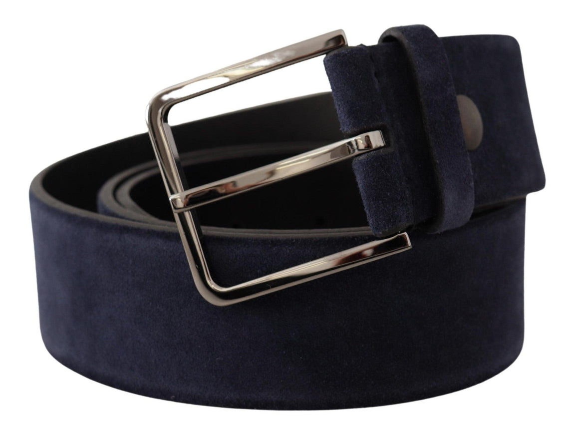 Dolce & Gabbana Navy Blue Velvet Leather Silver Logo Buckle Belt - Ellie Belle