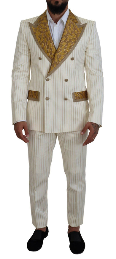 Dolce & Gabbana Off White Gold Striped Tuxedo Slim Fit Suit - Ellie Belle