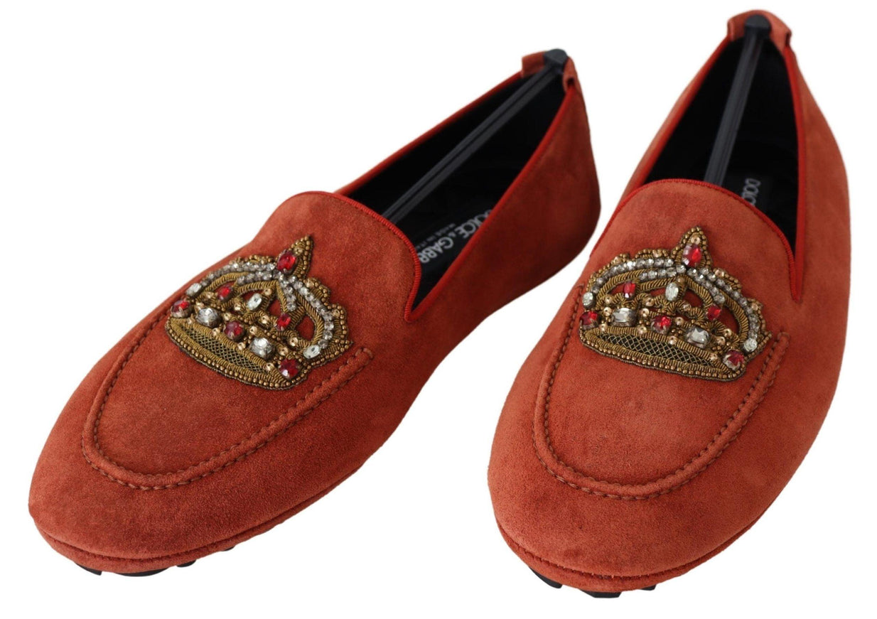 Dolce & Gabbana Orange Leather Crystal Crown Loafers Shoes - Ellie Belle