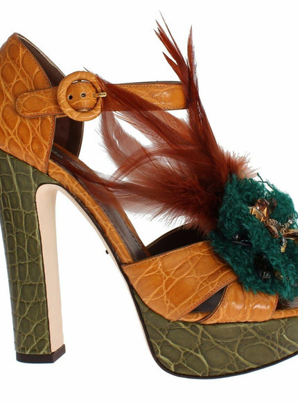 Dolce & Gabbana Orange Leather Crystal Platform Sandal Shoes