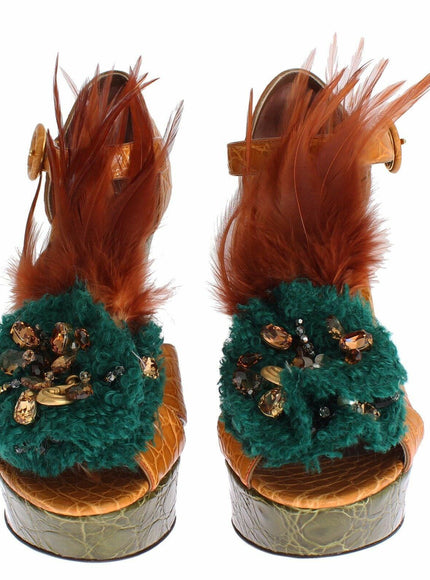 Dolce & Gabbana Orange Leather Crystal Platform Sandal Shoes