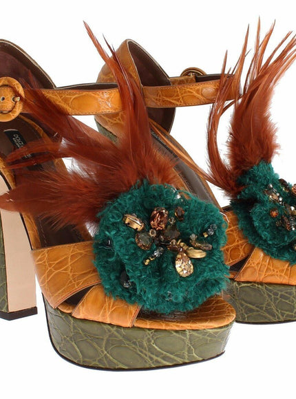 Dolce & Gabbana Orange Leather Crystal Platform Sandal Shoes