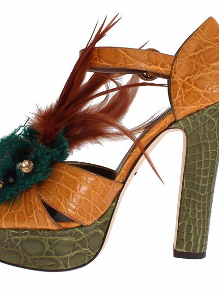 Dolce & Gabbana Orange Leather Crystal Platform Sandal Shoes