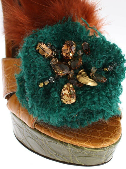 Dolce & Gabbana Orange Leather Crystal Platform Sandal Shoes