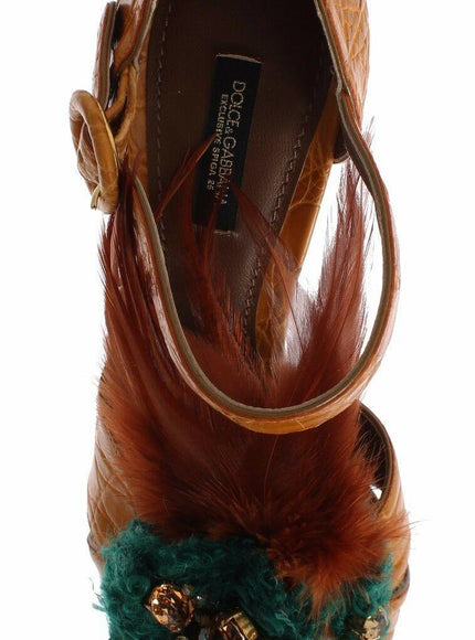 Dolce & Gabbana Orange Leather Crystal Platform Sandal Shoes