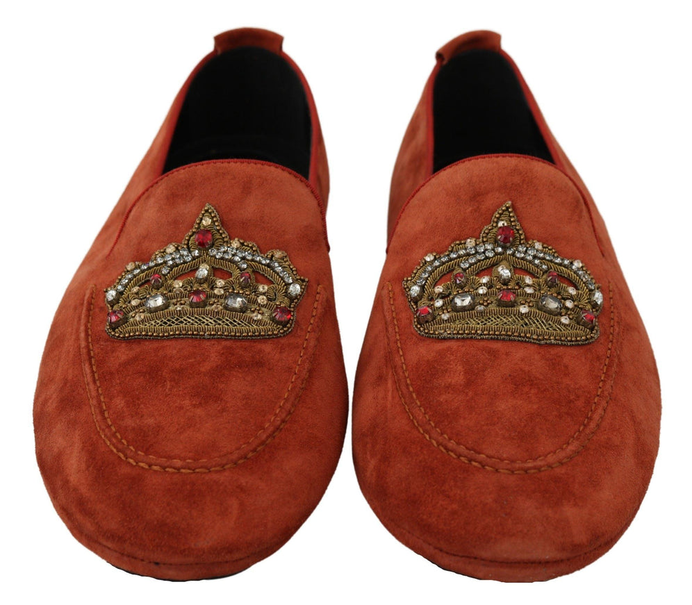 Dolce & Gabbana Orange Leather Moccasins Crystal Crown Slippers Shoes - Ellie Belle