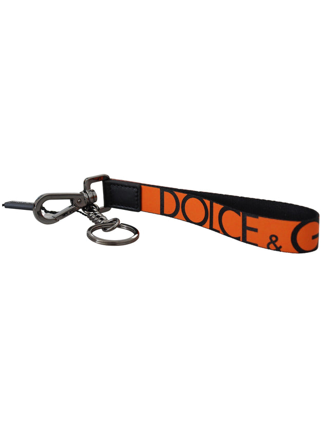 Dolce & Gabbana Orange Nylon Logo Print Silver Brass Keychain - Ellie Belle