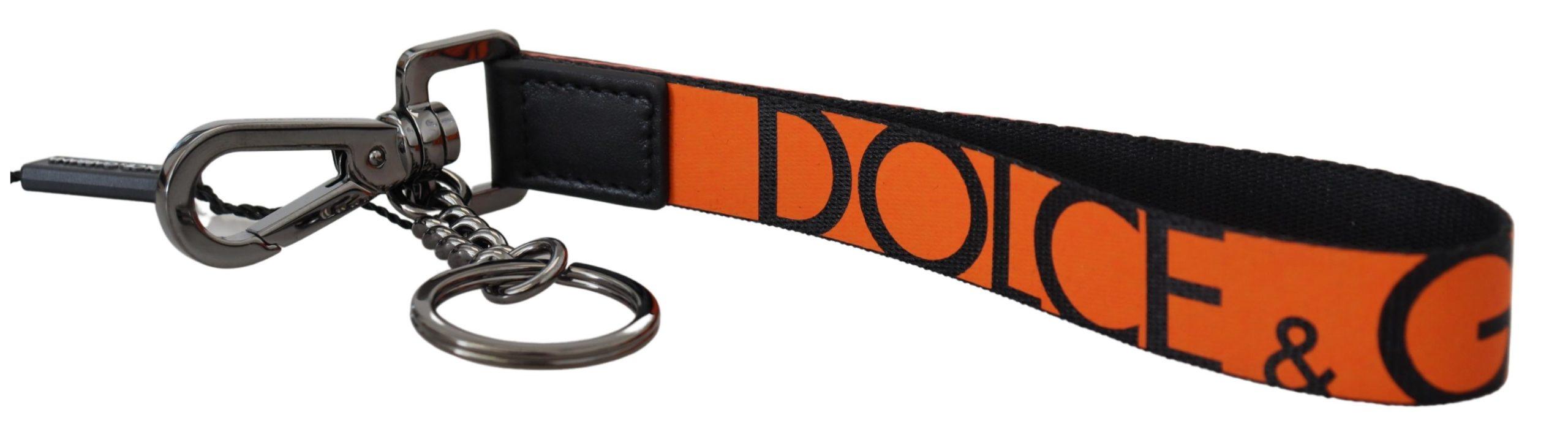 Dolce & Gabbana Orange Nylon Logo Print Silver Brass Keychain - Ellie Belle