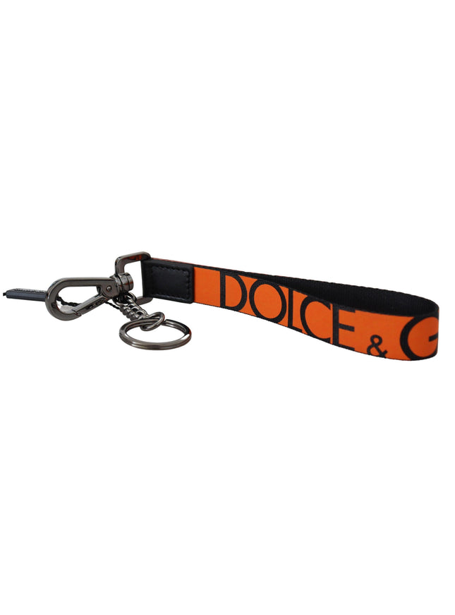 Dolce & Gabbana Orange Nylon Logo Print Silver Brass Keychain - Ellie Belle