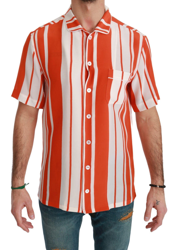 Dolce & Gabbana Orange Silk Striped Short Sleeve White Shirt - Ellie Belle