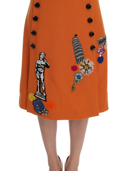 Dolce & Gabbana Orange Wool Crystal Sequin Appliques Skirt - Ellie Belle