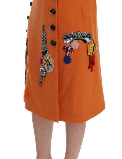 Dolce & Gabbana Orange Wool Crystal Sequin Appliques Skirt - Ellie Belle
