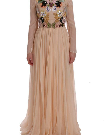 Dolce & Gabbana Peach Silk Floral Crystal Maxi Gown Dress - Ellie Belle