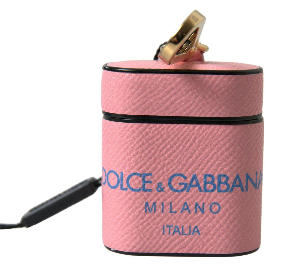 Dolce & Gabbana Pink Blue Calf Leather Logo Print Strap Airpods Case - Ellie Belle