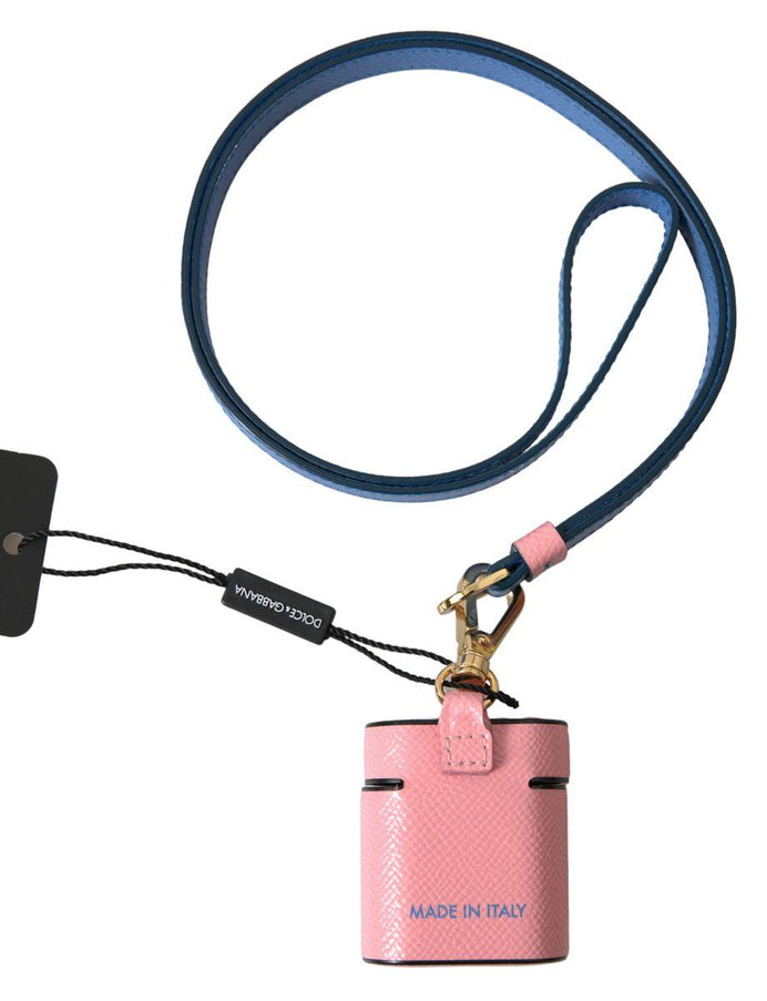 Dolce & Gabbana Pink Blue Calf Leather Logo Print Strap Airpods Case