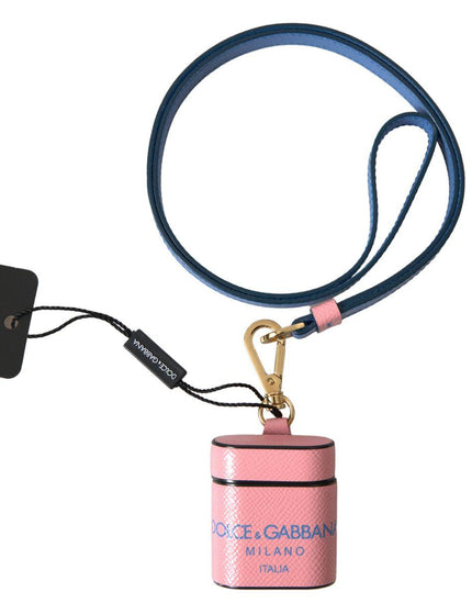 Dolce & Gabbana Pink Blue Calf Leather Logo Print Strap Airpods Case - Ellie Belle