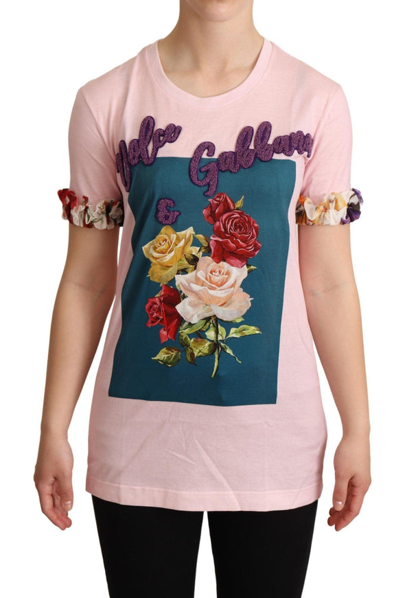 Dolce & Gabbana Pink Cotton Floral Roses Crewneck T-shirt - Ellie Belle