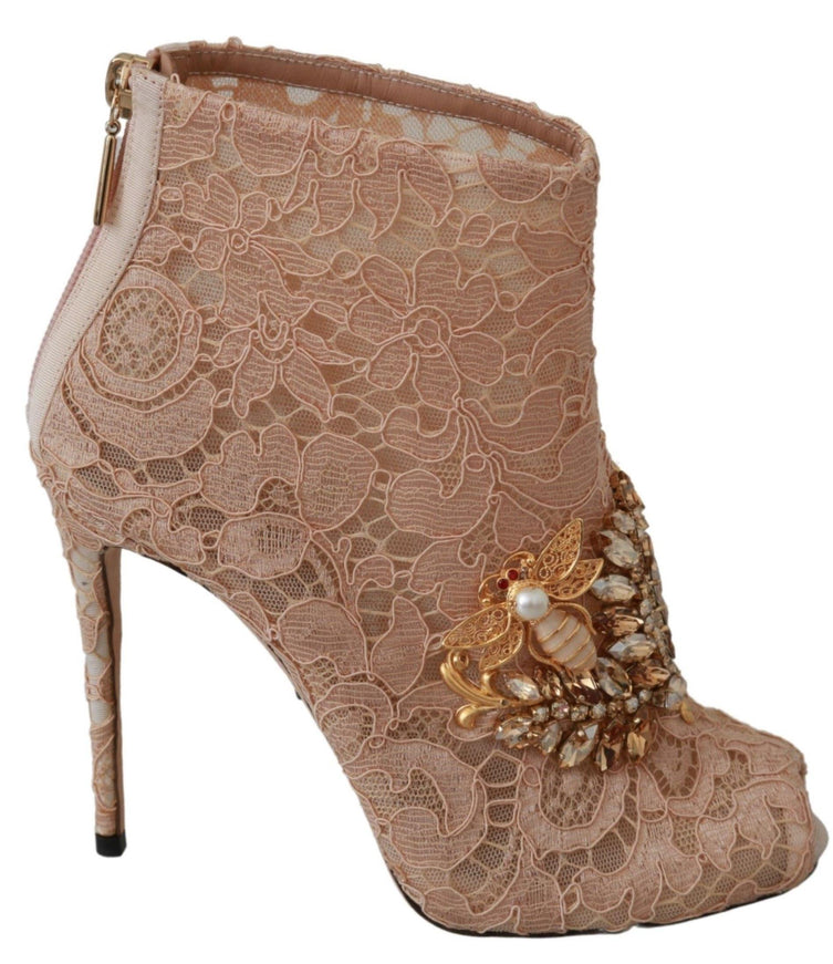 Dolce & Gabbana Pink Crystal Lace Booties Stilettos Shoes - Ellie Belle