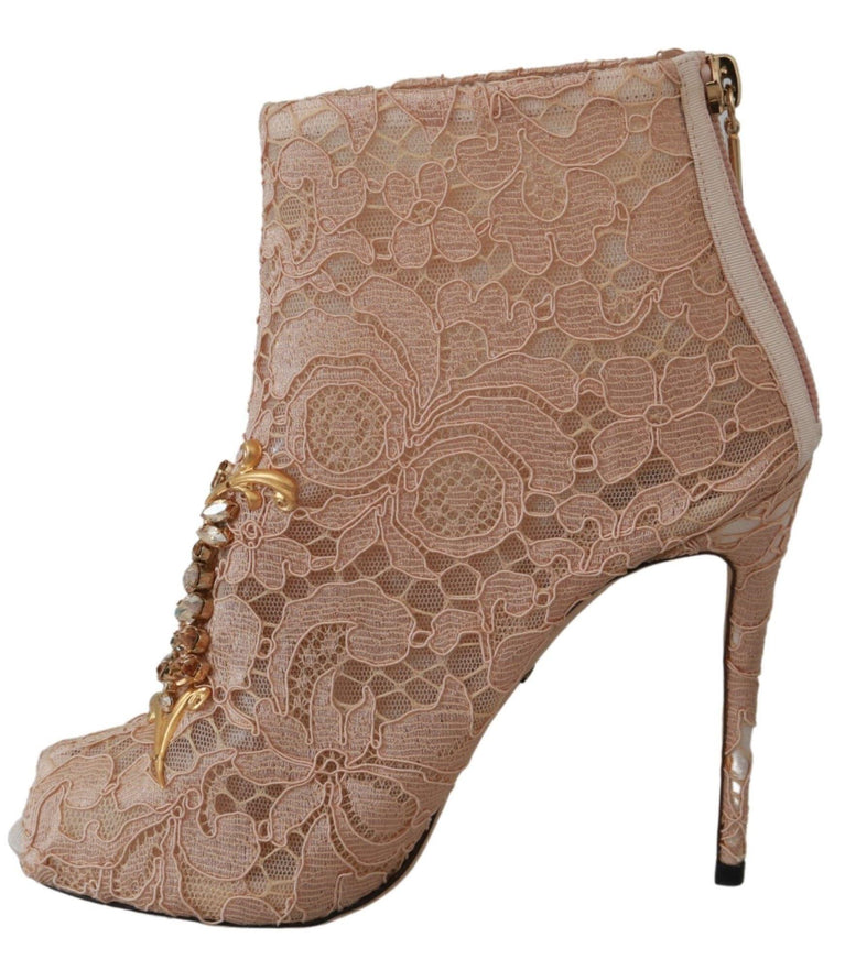 Dolce & Gabbana Pink Crystal Lace Booties Stilettos Shoes - Ellie Belle