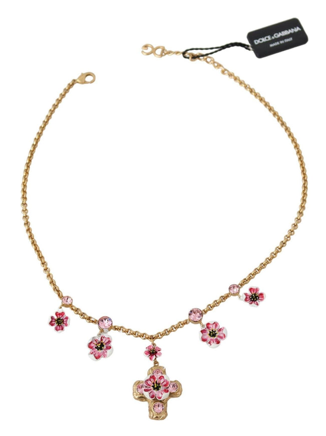 Dolce & Gabbana Pink Crystals Gold Chain Cross Floral Charm Necklace - Ellie Belle